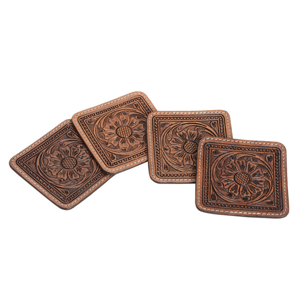 Leather Hand Carved Coaster Set (4) - Dark Brown
