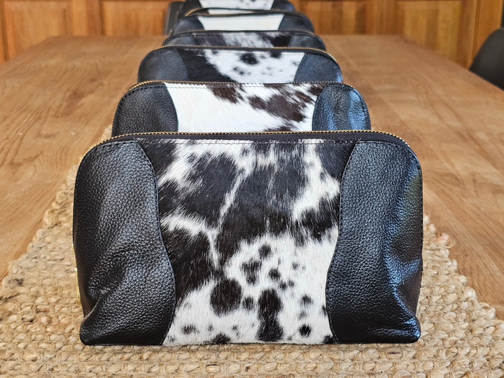Toilet/Make up Bag - Black &amp; White Brazilian Cowhide &amp; Leather