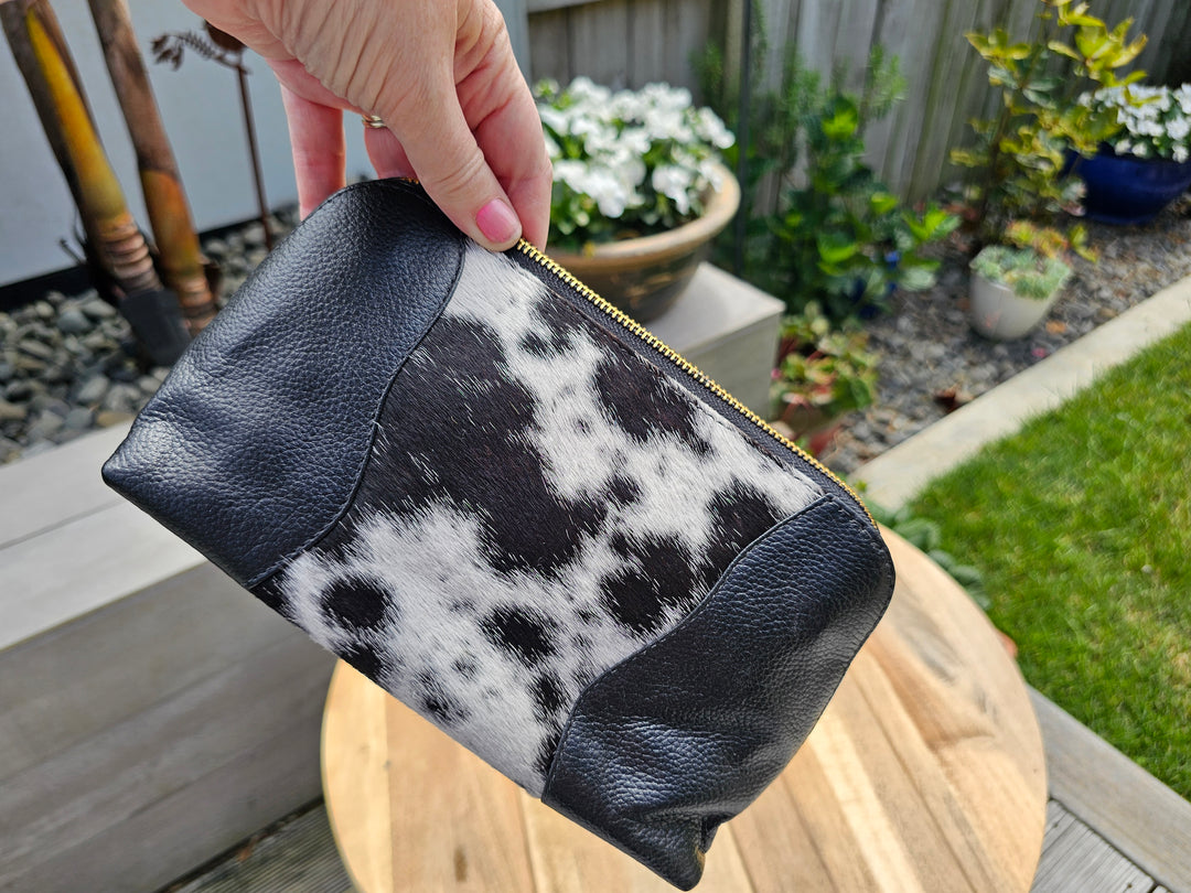 Toilet/Make up Bag - Black &amp; White Brazilian Cowhide &amp; Leather