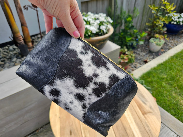 Toilet/Make up Bag - Black &amp; White Brazilian Cowhide &amp; Leather