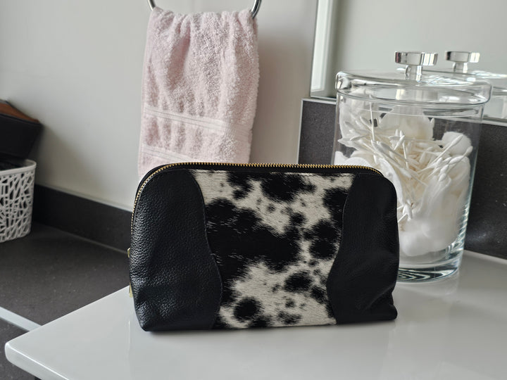 Toilet/Make up Bag - Black &amp; White Brazilian Cowhide &amp; Leather