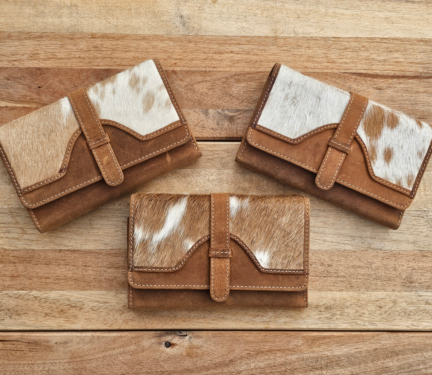 Amber - Aged Leather & Cowhide Tri Fold Wallet