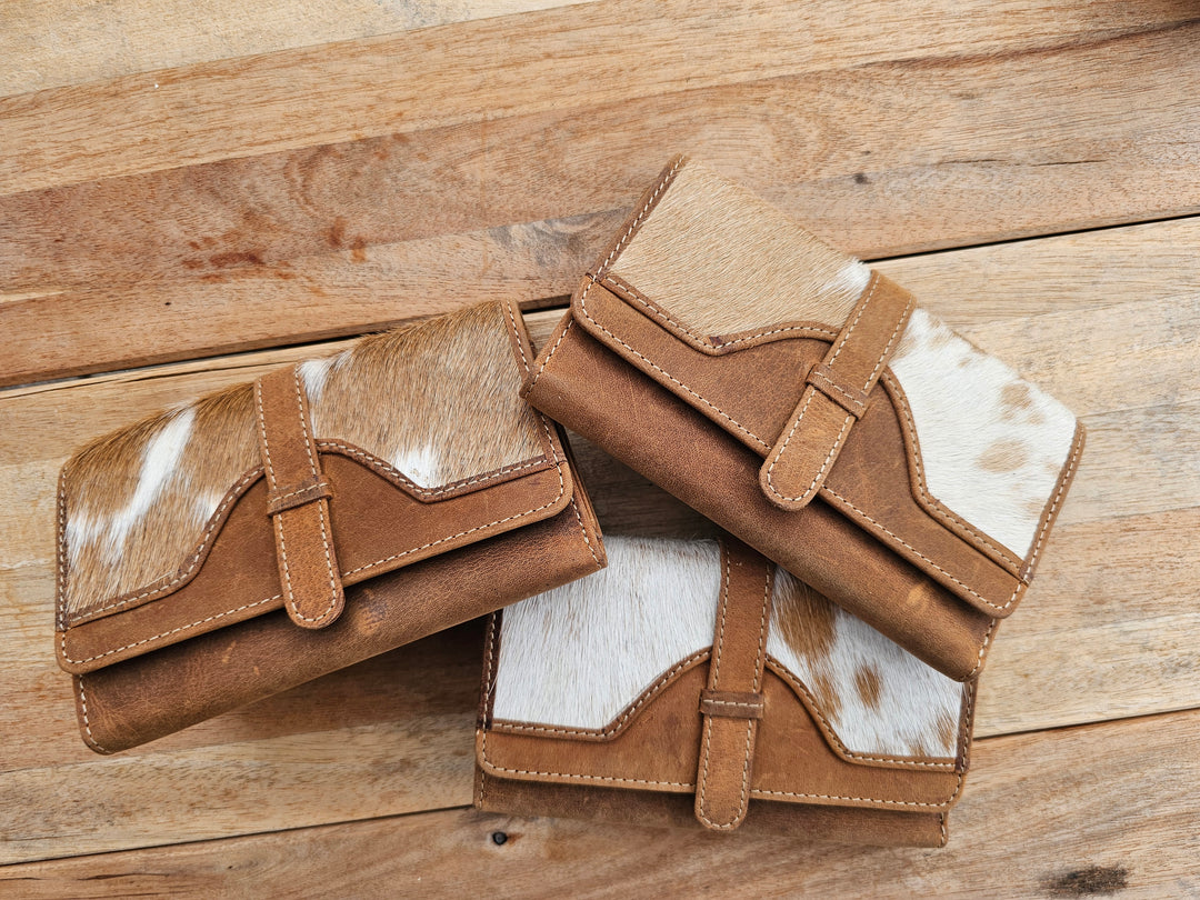 Amber - Aged Leather &amp; Cowhide Tri Fold Wallet