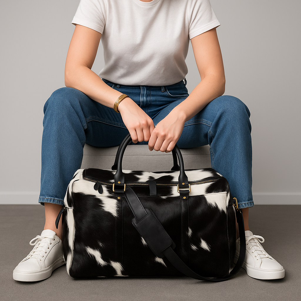 LUXE B&amp;W Cowhide Duffle