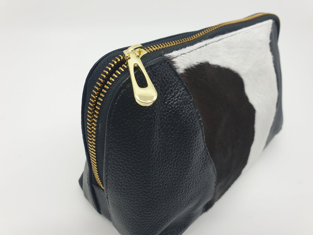 Toilet/Make up Bag - Black &amp; White Brazilian Cowhide &amp; Leather