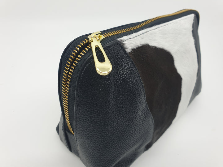 Toilet/Make up Bag - Black &amp; White Brazilian Cowhide &amp; Leather